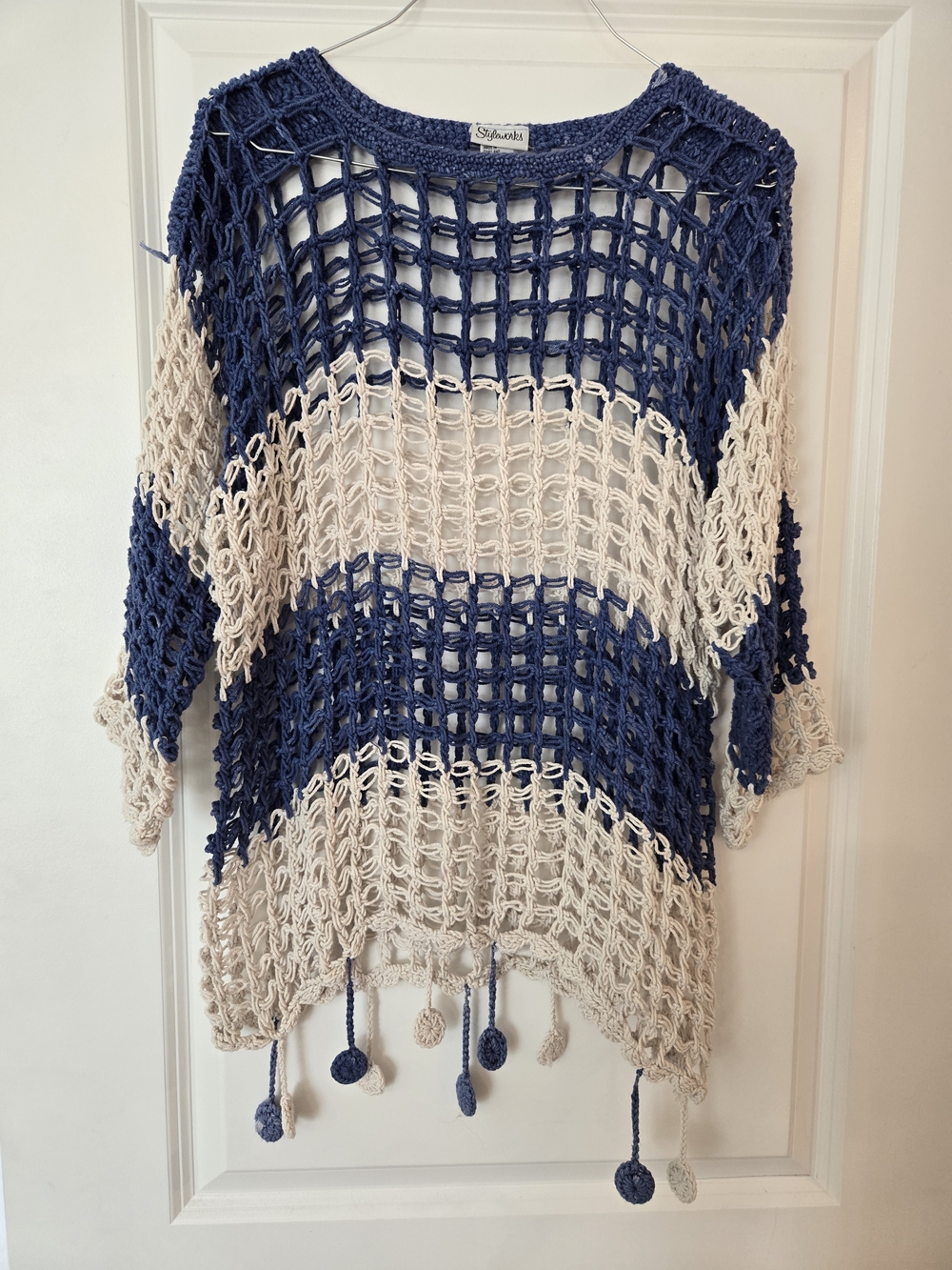 Striped Open-Knit Poncho Sweater in Navy & Cream by St. Johnless